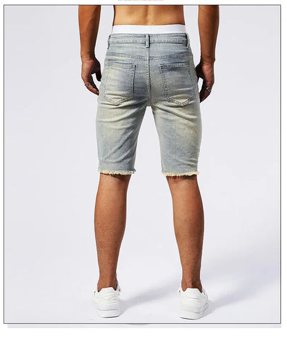 Vintage Denim Shorts Men's American Stretch Slim Jeans Fashion Ripped Streetwear Male Hole Frayed Short Pants Blue Black