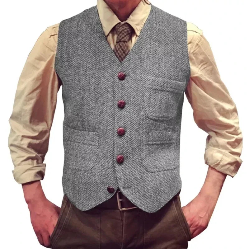 Herringbone Men Vest Dark Green Tweed Slim Casual Business Waistcoat For Wedding Party Banquet Work Prom Set Men Suit