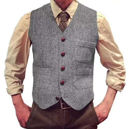 Herringbone Men Vest Dark Green Tweed Slim Casual Business Waistcoat For Wedding Party Banquet Work Prom Set Men Suit