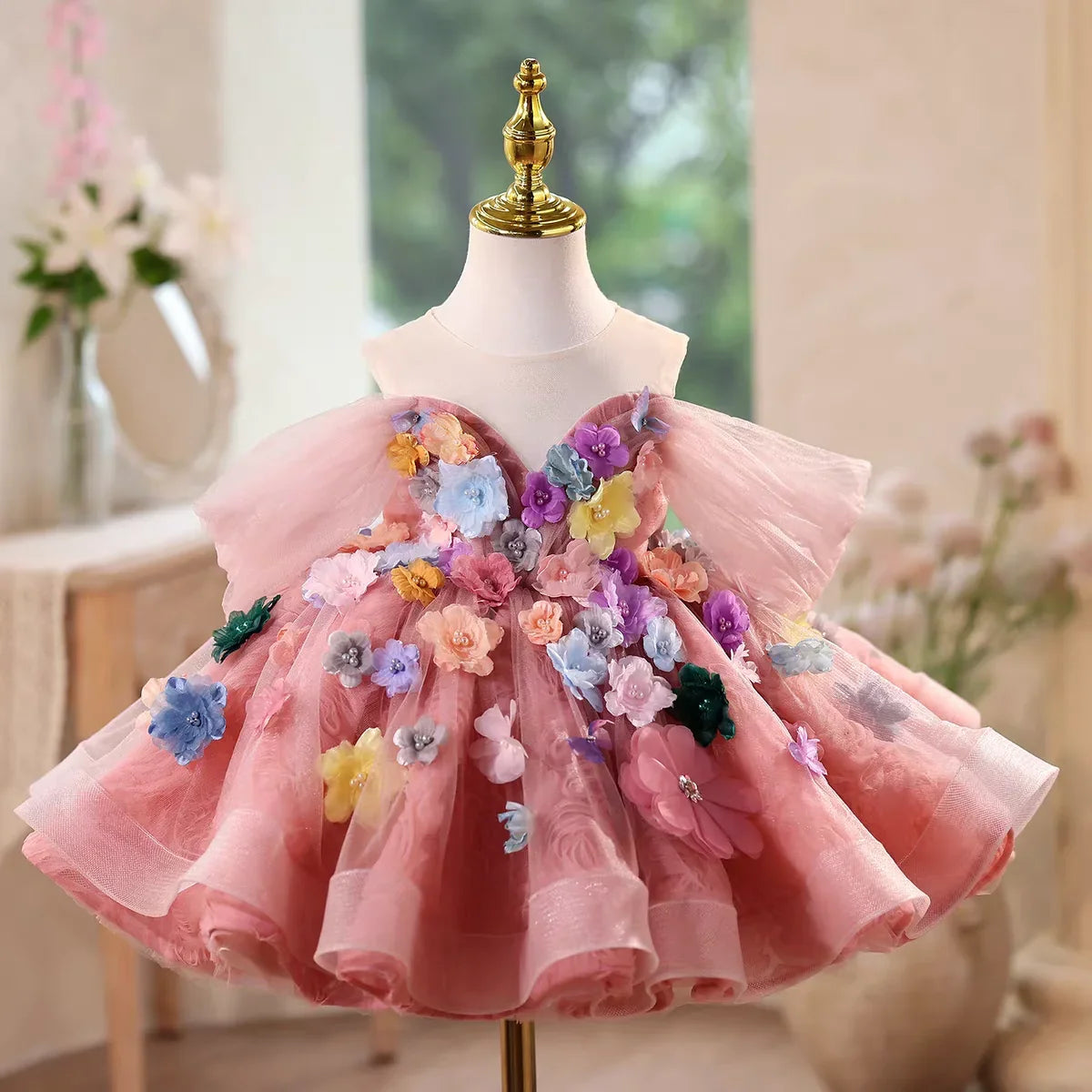J565 Colorfu Pink Girl Dresses with Flowers Knee Length Off Shoulder Princess Wedding Birthday Party Pageant Ball Gown