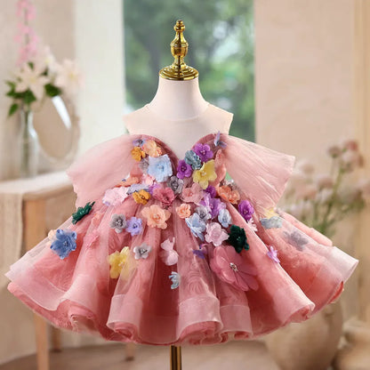 J565 Colorfu Pink Girl Dresses with Flowers Knee Length Off Shoulder Princess Wedding Birthday Party Pageant Ball Gown