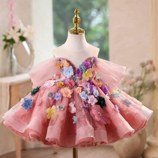 J565 Colorfu Pink Girl Dresses with Flowers Knee Length Off Shoulder Princess Wedding Birthday Party Pageant Ball Gown