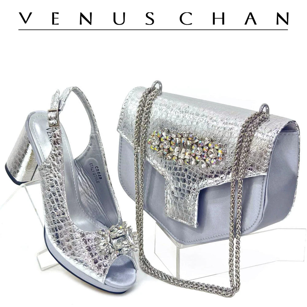 Italian Shoes and Bags Matching Set 2024 Women Heel Party for Silver Colour Italian Design Wedding Bigger Size Shoes