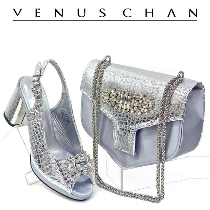 Italian Shoes and Bags Matching Set 2024 Women Heel Party for Silver Colour Italian Design Wedding Bigger Size Shoes