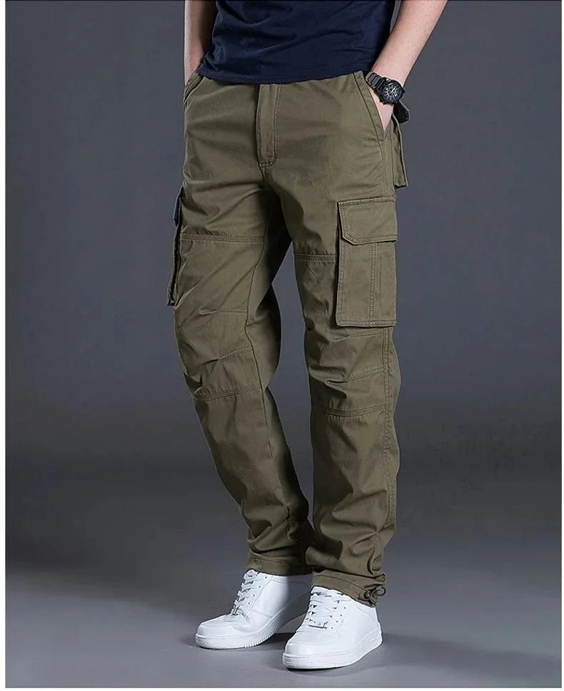 Men's Cotton Work Cargo Pants Tactical Military Hiking Outdoor Pants with 6 Pockets Elastic Waist