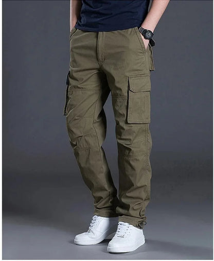 Men's Cotton Work Cargo Pants Tactical Military Hiking Outdoor Pants with 6 Pockets Elastic Waist