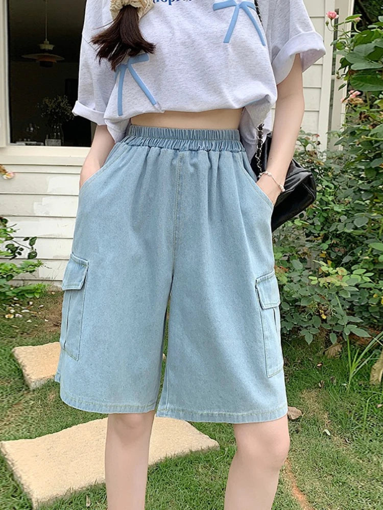 2026 Summer New Women's Denim Shorts Straight Trendy Loose Versatile Dad Shorts Thin Japanese Style Knee-length Pants