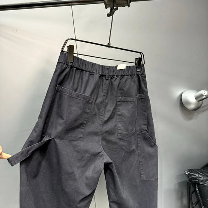 Mens Cargo Pants American Trendy Solid Black Cotton Heavyweight Wide Leg Loose Straight Streetwear Casual High Quality Pants