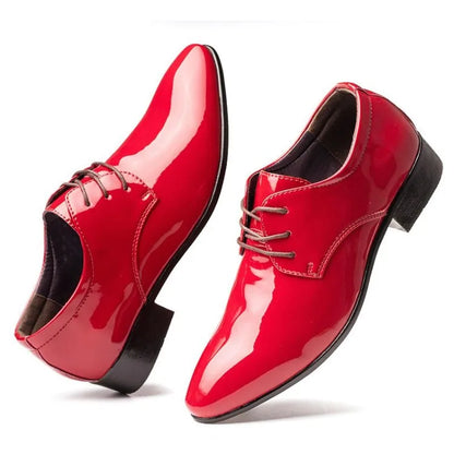Men's Red Patent Leather Wedding Groomsmen Shoes Low Block Heel Business Formal Dress Shoes Trendy Casual Footwear