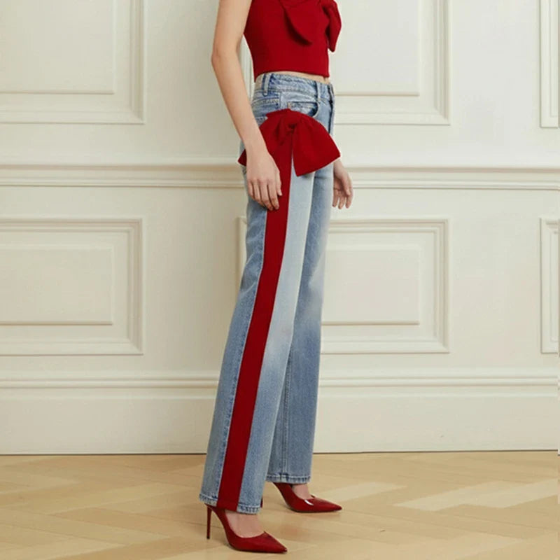 Women's Fall Winter Going Out Jeans 2025 New Stylish Elegant Bow-embellished Blue Leisure Fashion Pants for Ladies