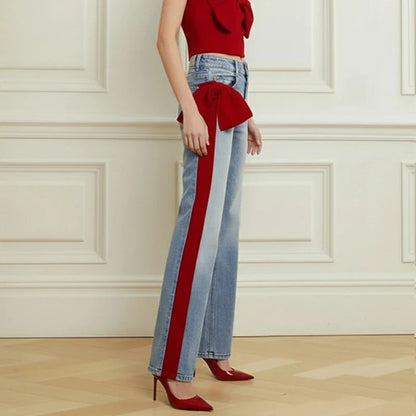 Women's Fall Winter Going Out Jeans 2025 New Stylish Elegant Bow-embellished Blue Leisure Fashion Pants for Ladies