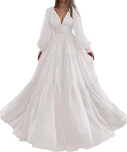Pleat Tulle Princess Prom Gown V-Neck Long Puff Sleeve Plus Size Evening Gown Elegant Dress Women for Wedding Party
