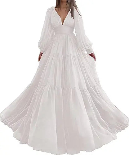 Pleat Tulle Princess Prom Gown V-Neck Long Puff Sleeve Plus Size Evening Gown Elegant Dress Women for Wedding Party