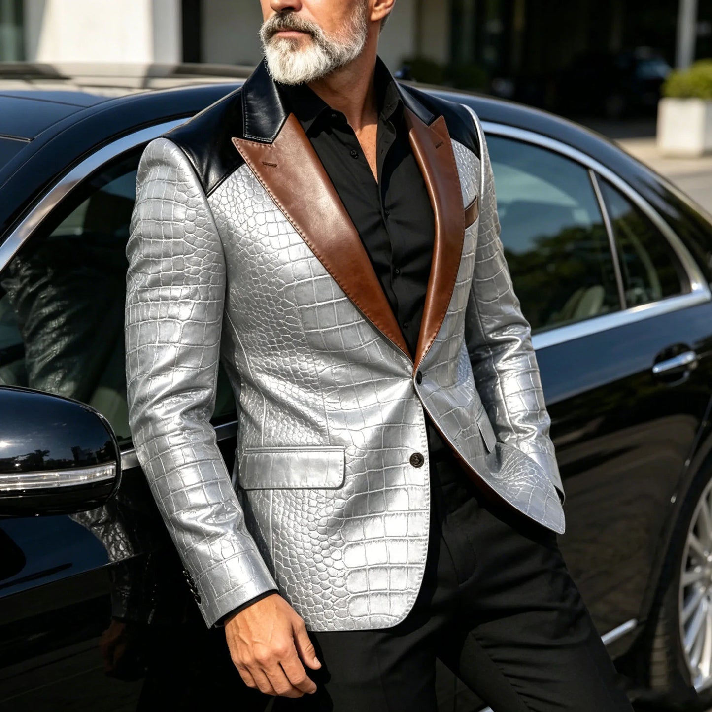 Men's Crocodile Embossed Leather Blazer Luxury Patchwork PU Leather Suit Jacket Slim Fit Peaked Lapel Casual Business Outerwear