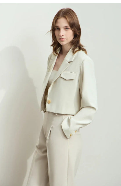 2026 Short Jacket Women's Shoulder Padded Suit Collar Rose Beaded Embroidery Autumn Long-sleeve Commuter Top 12521069