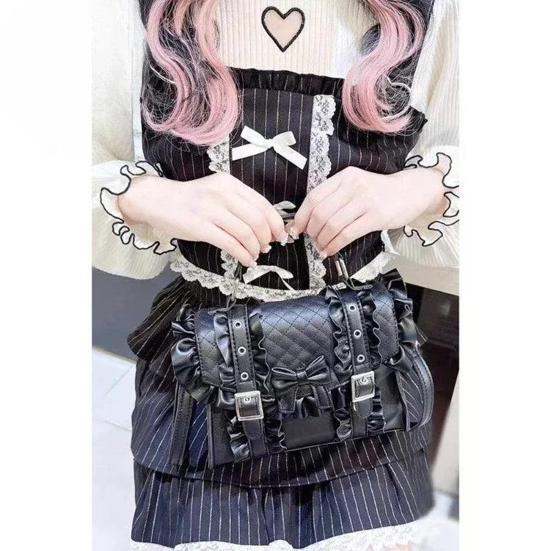Kawaii Day Sweet Cute Thunder Women's Handbag Lolita Gem Ruffle Bow Shoulder Crossbody Bags Japanese Lolita Bags for girls