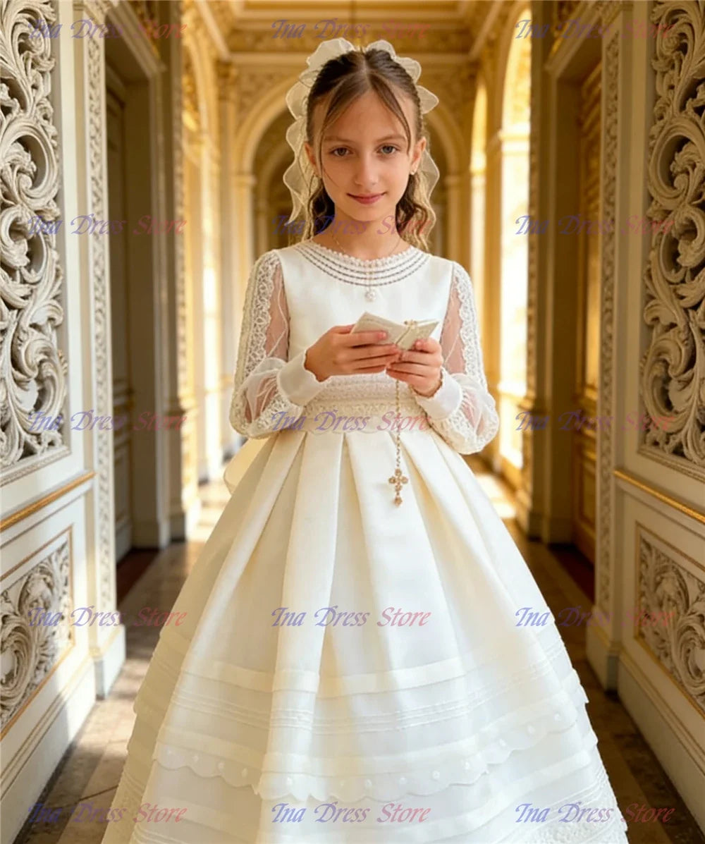 Elegant Long-sleeved Tulle Lace Printing Flower Girl Dress Princess Ball First Communion Dresses Kids Surprise Birthday Present