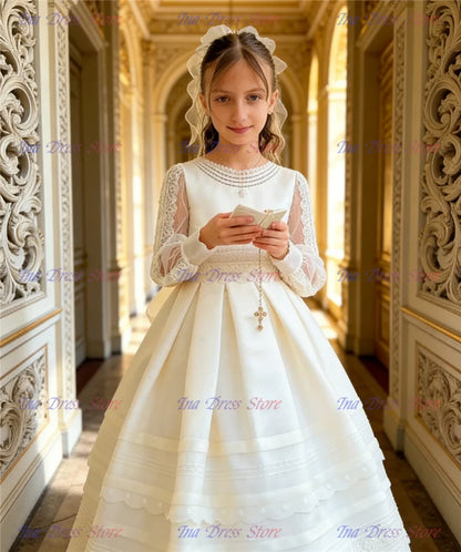 Elegant Long-sleeved Tulle Lace Printing Flower Girl Dress Princess Ball First Communion Dresses Kids Surprise Birthday Present
