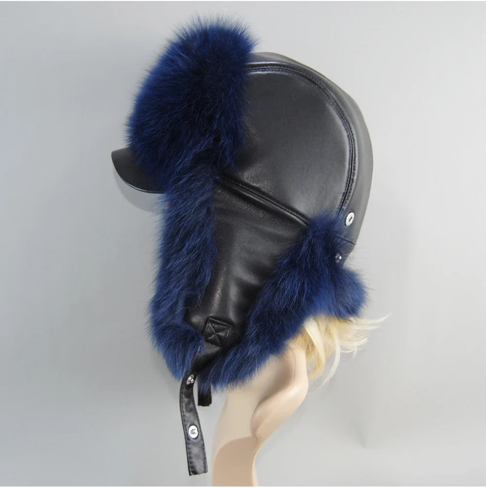 100% Real Fox Fur Hat Women's Russian Ushanka Aviator Trapper Snow Skiing Hat Caps Earflap Winter Raccoon Fur Bomber Hat