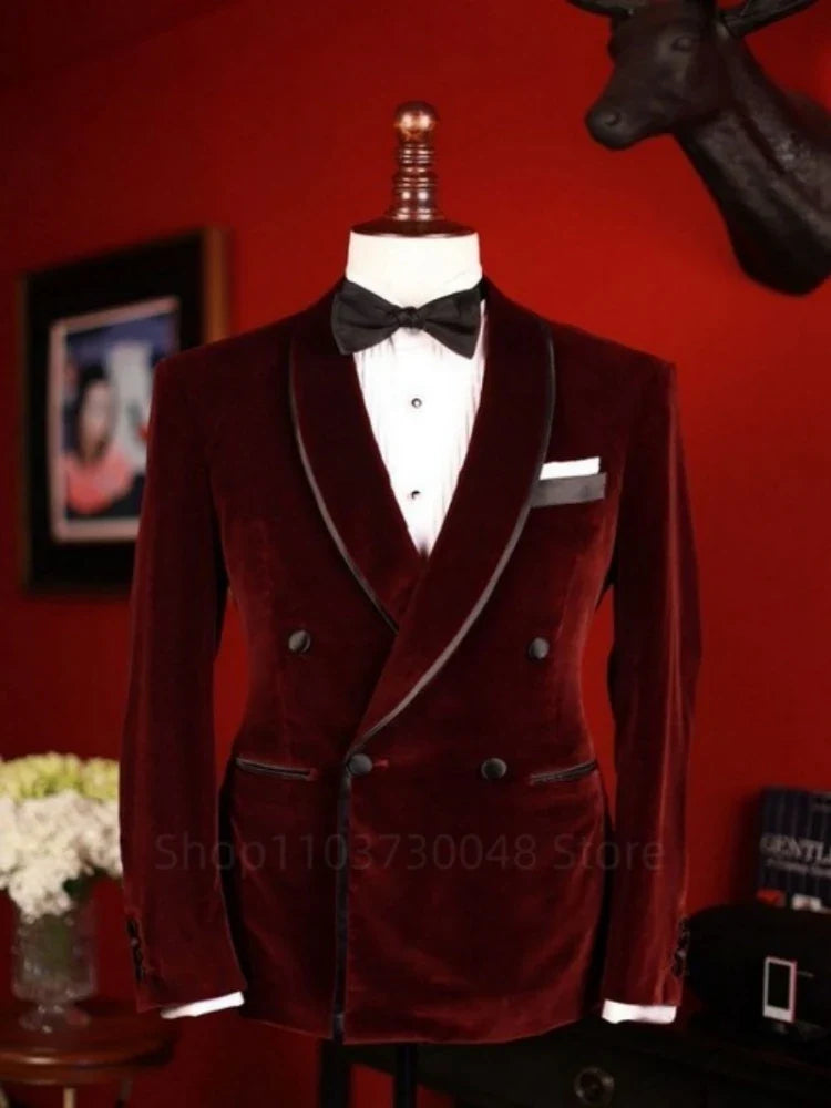 Italian Style Men Suit Jacket Slim Fit 1 Piece Shawl Lapel Burgundy Velvet Smoking Fashion Blazer Double Breasted Wedding Suit