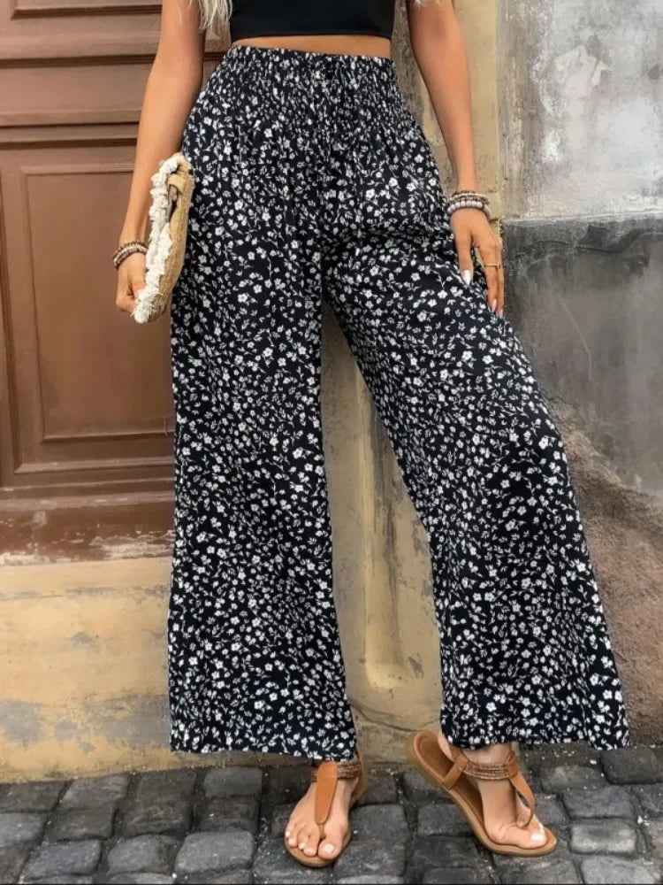 Women Fashion Plus Size 1XL-5XL Floral Print Wide Leg Pants Female Casual  Elegant Drawstring High Waisted Loose Long Trousers