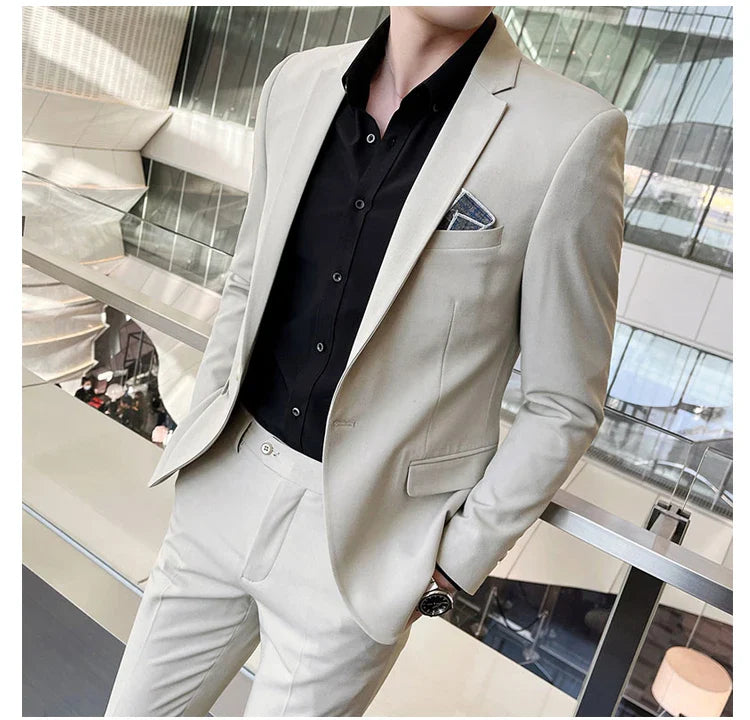 Men's Stylish Handsome Solid Color Suit Two-Piece Set M-4XL High Quality Formal Casual Banquet Fit Trousers Included