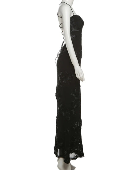 Elegant Flower Embroidery Maxi Dress Women Low-Neck Cross Bandage Backless Summer Street Trend Skinny Holiday Vestidos