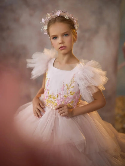 Girls Luxurious Beaded Tiered Tulle Long Wedding Party Gown Elegant Sleeveless Kids Dresses First Communiom Formal Evening Wear