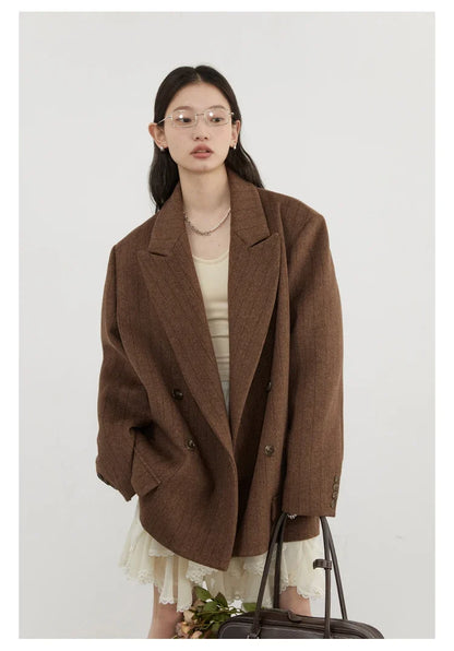 Women Woolen Blazer Loose Vintage V Neck Female Jacket Suit Double Breasted Office Ladies Coat Spring Autumn 2025