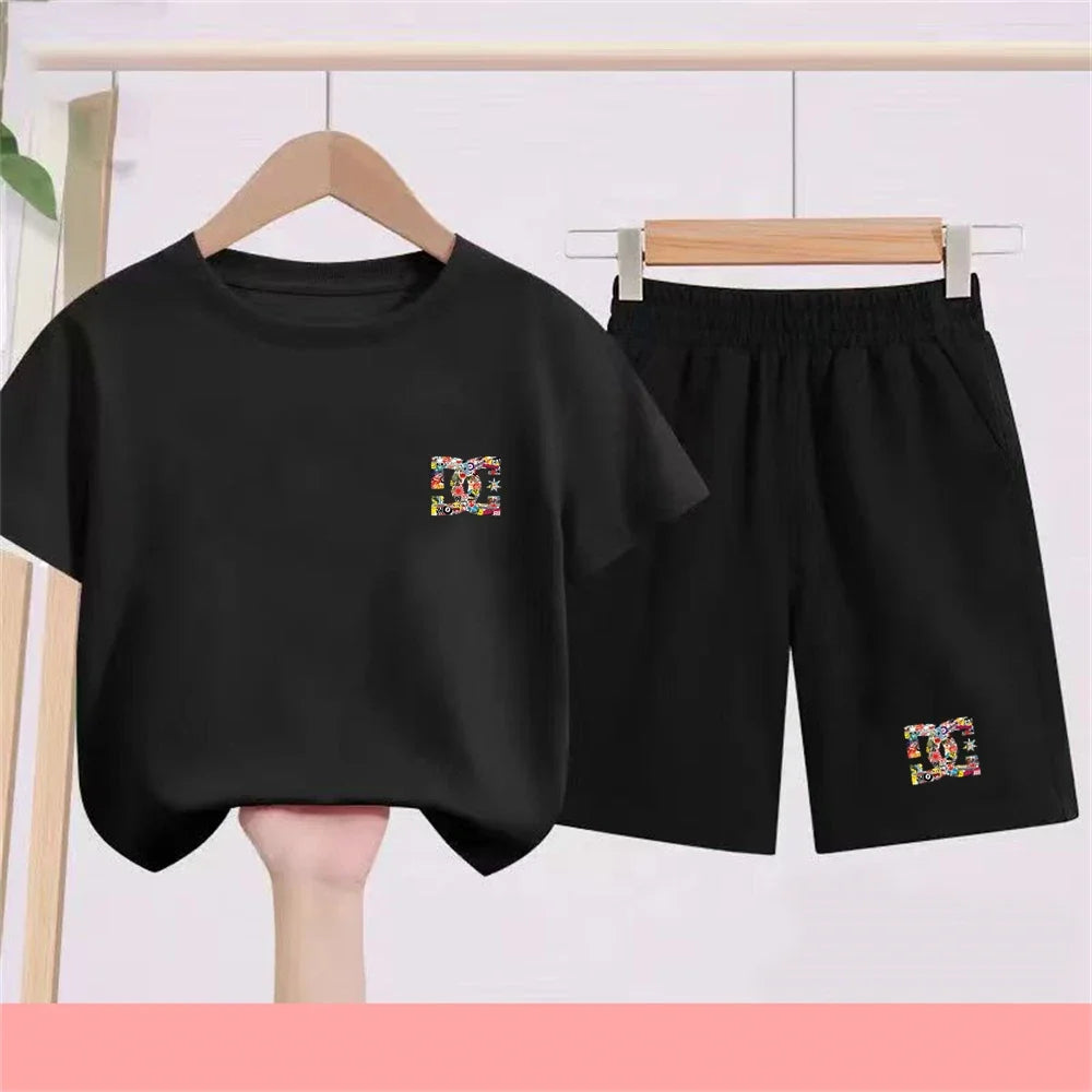 Children T-shirt+Shorts 2P Summer Clothing Fashion Print Boy Girl Toddler 3-12Yrs Sports Short-Sleeved Casual Fashion Set