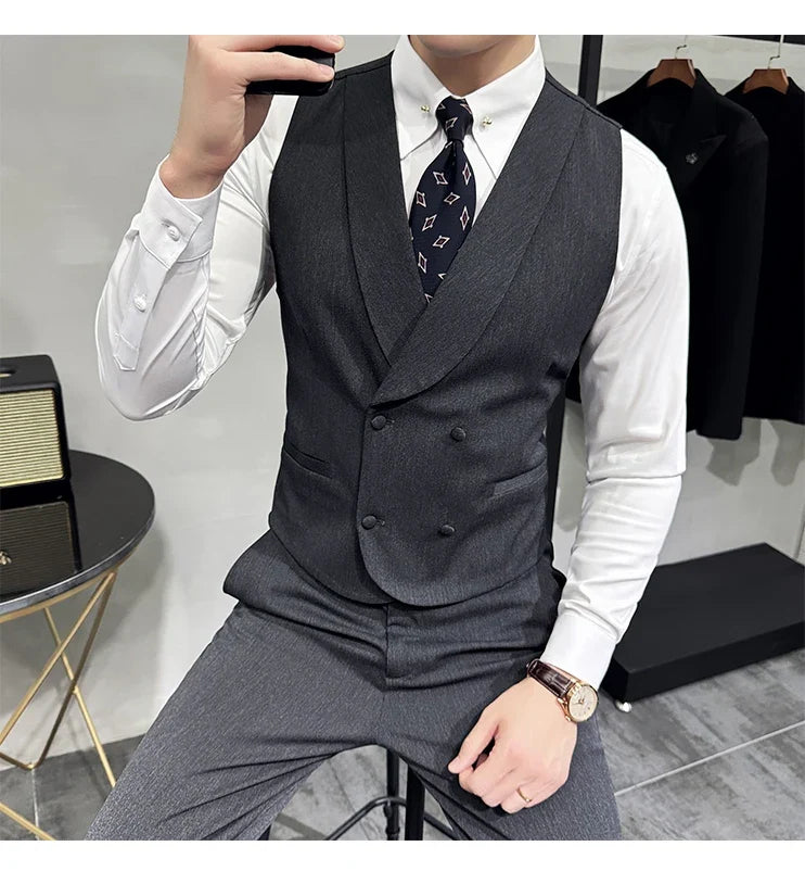 High-end Double-breasted Suit Vest With Pants 2024 New Men Fashion Slim Business Casual Best Groom Wedding Dress Vest  2 Pcs Set