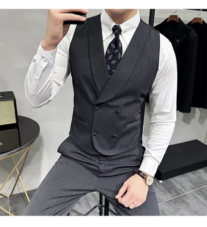 High-end Double-breasted Suit Vest With Pants 2024 New Men Fashion Slim Business Casual Best Groom Wedding Dress Vest  2 Pcs Set