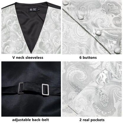 Luxury Mens Waistcoat Tie Set White Black Gray Silver Brown Sleeveless Jacket Suit Vest Necktie Hanky Cufflinks Gift