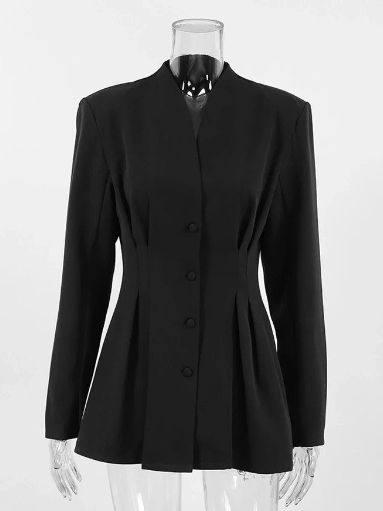 Elegant V-neck Tunics Black Suit 2026 Spring Women's Long Sleeve Single Breasted Slim Blazers Ruched Outerwear Streetwear