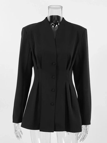 Elegant V-neck Tunics Black Suit 2026 Spring Women's Long Sleeve Single Breasted Slim Blazers Ruched Outerwear Streetwear