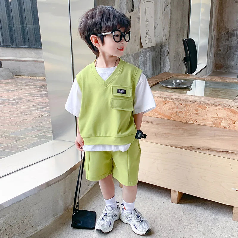 Summer Baby and Boys Cotton Contrast Patchwork t-Shirt Tops+Shorts Pant Sets School Kids Tracksuit Child 2PCS Outfit 1-10 Years