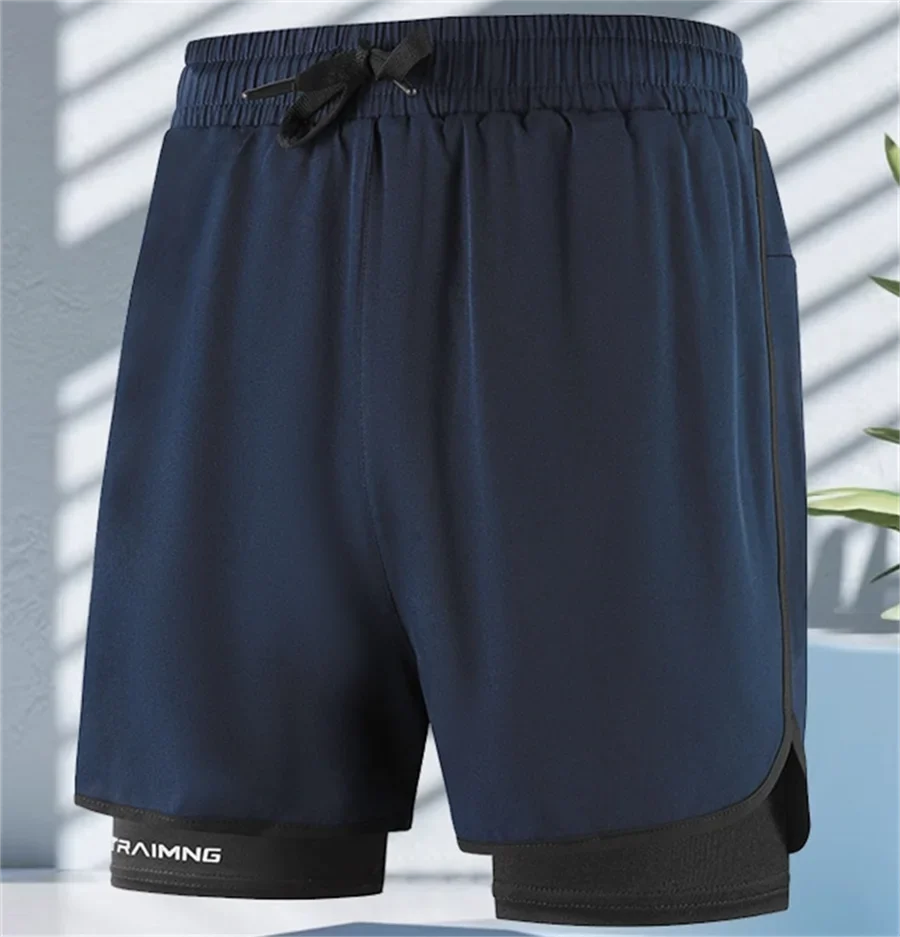 Men Fitness Built-in pocket sports Shorts Summer 2 In 1 Quick Dry Gym Beach shorts Running Double-deck Shorts Outdoor sweatpants