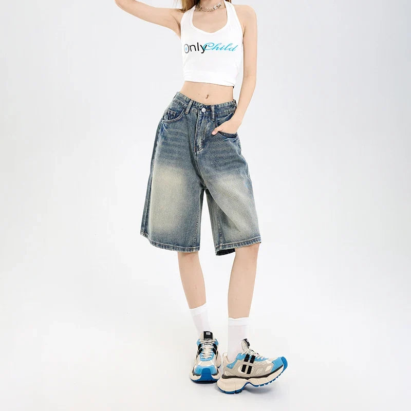 2026 Korean Street Casual Y2K Loose Wide-leg Denim Shorts Five-point Baggy Jeans Women's All-match Straight Summer Hot Shorts