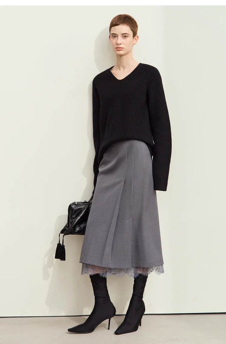 Minimalism Skirts for Woman 2025 Spring New Elegant Patchwork Lace Women's Clothing Retro Lady A-Line Pleated Skirt12443013
