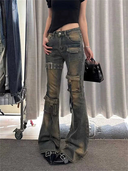 2025 Autumn Winter Women's Denim Pants High Waist Cargo Jean Goblin Core Kpop Bell Bottom Japanese Y2k Stretch 2000s Jeans Gyaru