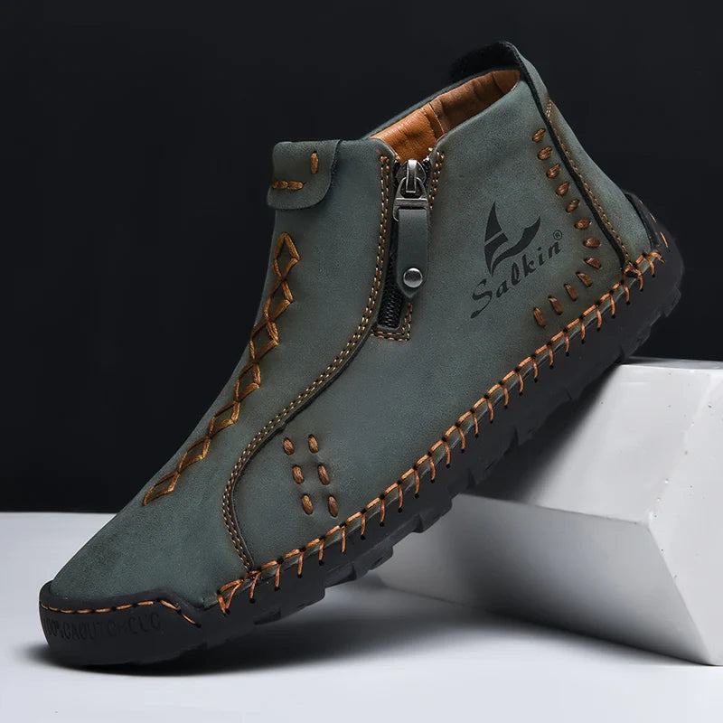 New Winter 2024 Handmade Leather Men Boots Zipper Design Sneakers Man Breathable Casual Leather Shoes Men Ankle Boots Outdoor