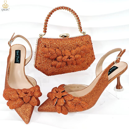 New Sky Blue Satin Handmade Flowers Shoes And Bag African Women's Banquet Pointed Toe Heels Matching Shoes And Bag Wedding Party