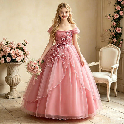 Elegant Wedding Bridemaids Party Girls Dress Tulle Bow Birthday Princess Dresses for Kids Flower Christmas Prom Evening Costumes