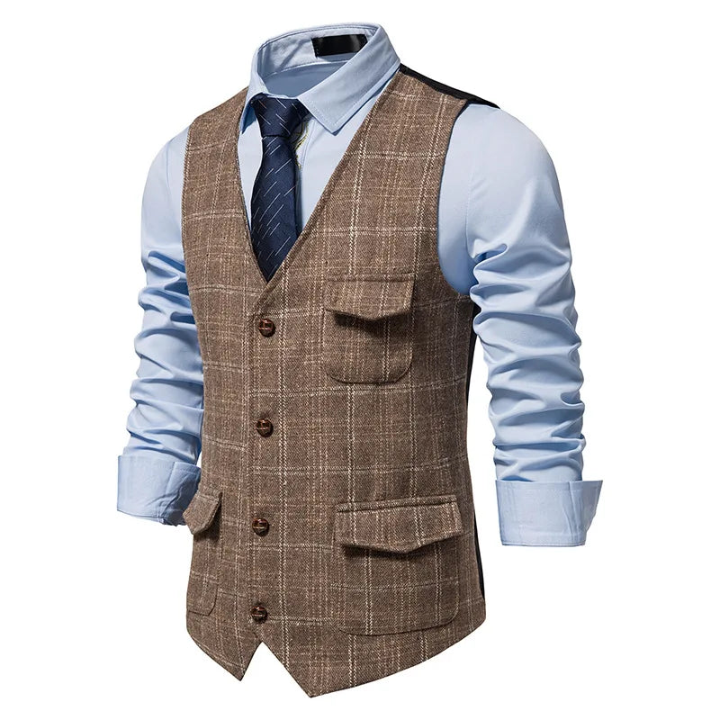 Man Waistcoat British Style Plaid Single-breasted Men Suit Vest Retro Slim V-neck Sleeveless Pocket Male Casual Vest