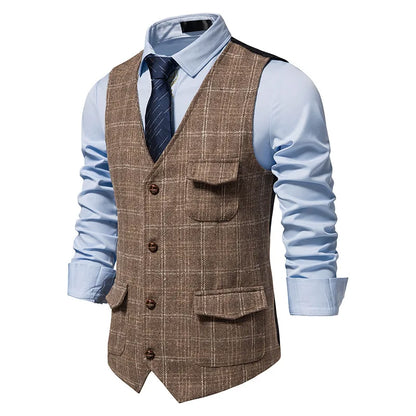 Man Waistcoat British Style Plaid Single-breasted Men Suit Vest Retro Slim V-neck Sleeveless Pocket Male Casual Vest