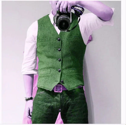 Mens Suit Vest Tweed Retro V Neck Wool Herringbone Waistcoat for Prom Single Breasted Males Dress Suit Vest Plus Size
