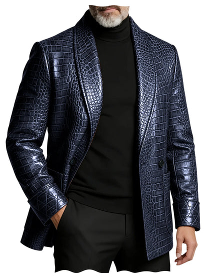 Men's Crocodile Pattern Leather Blazer 1 Button Shawl Collar Tuxedo Jacket Formal Business Wedding Coat Luxury Suit Outerwear