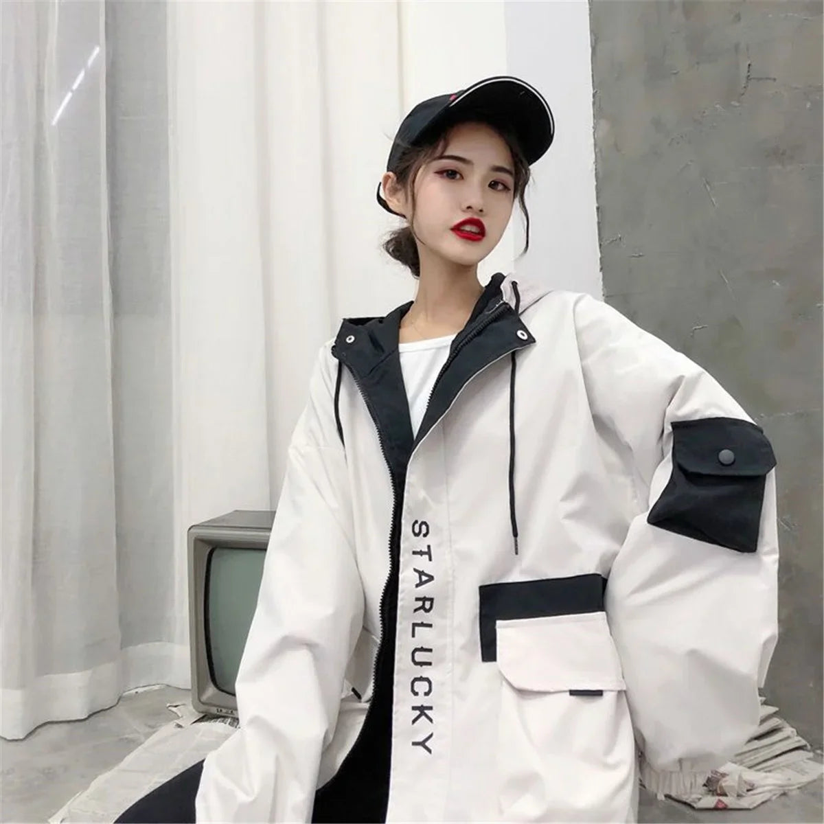 Fashion Work Jacket Harajuku Streetwear Kpop Hoodie Women Anime Tops Vintage Ulzzang Autumn Boyfriend Patchwork Jacket Femme