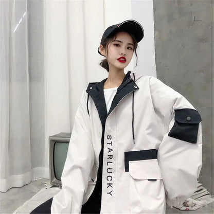 Fashion Work Jacket Harajuku Streetwear Kpop Hoodie Women Anime Tops Vintage Ulzzang Autumn Boyfriend Patchwork Jacket Femme