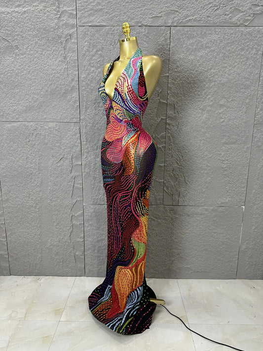 2026 Colorful Rhinestone Print Long Dress Woman Halter Deep V Neck Backless Women Birthday Eveing Party Club Stage Costume
